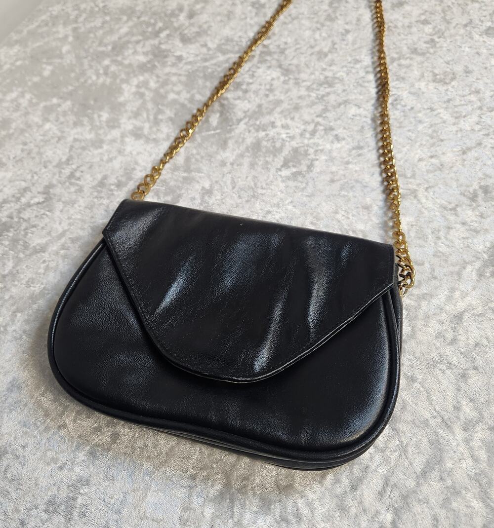 JJ Winters Black Crossbody Italian Leather Bag w Chain Strap